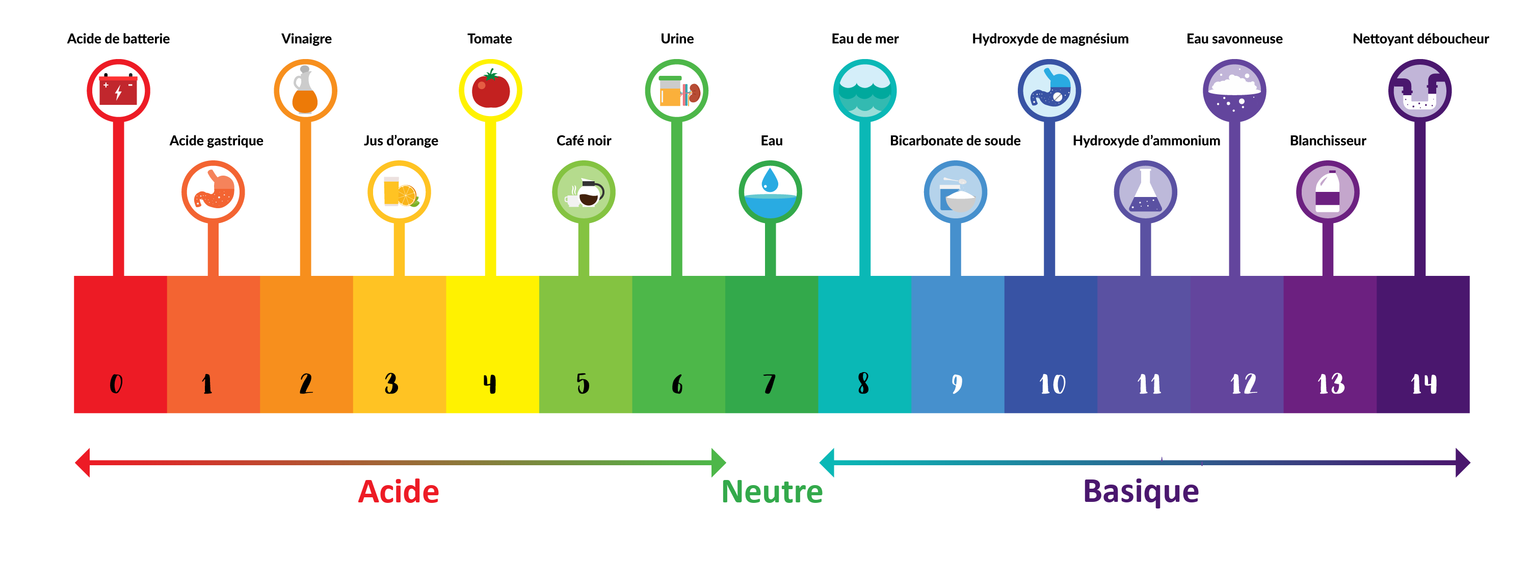 Echelle de pH et quelques solutions associées